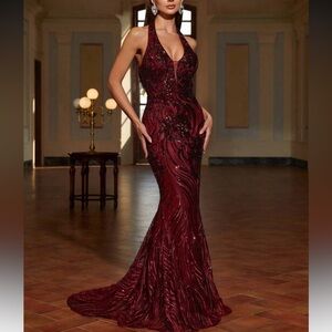 Luxe plunging V neck sequins mermaid hem party formal evening bridesmaids dress